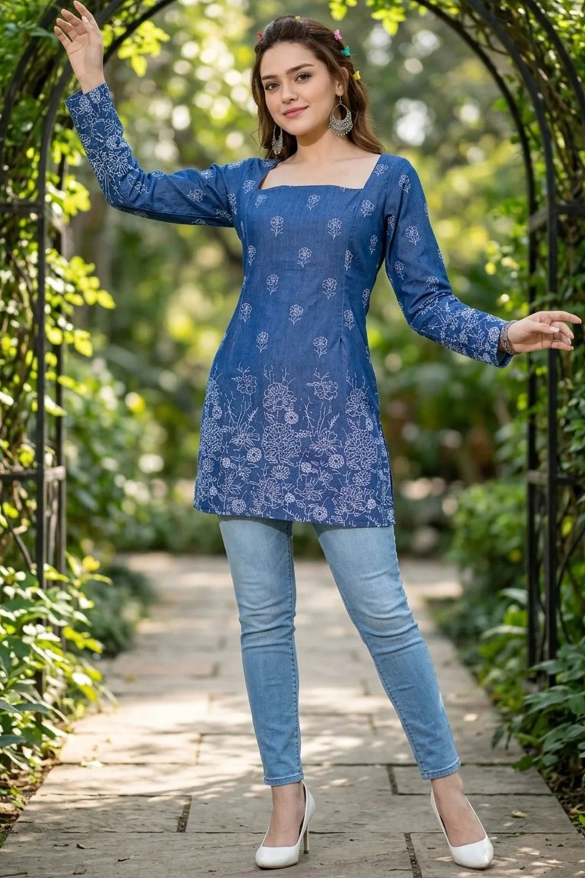 Indigo Blue Denim Short Kurti with Corset Back Tie Up