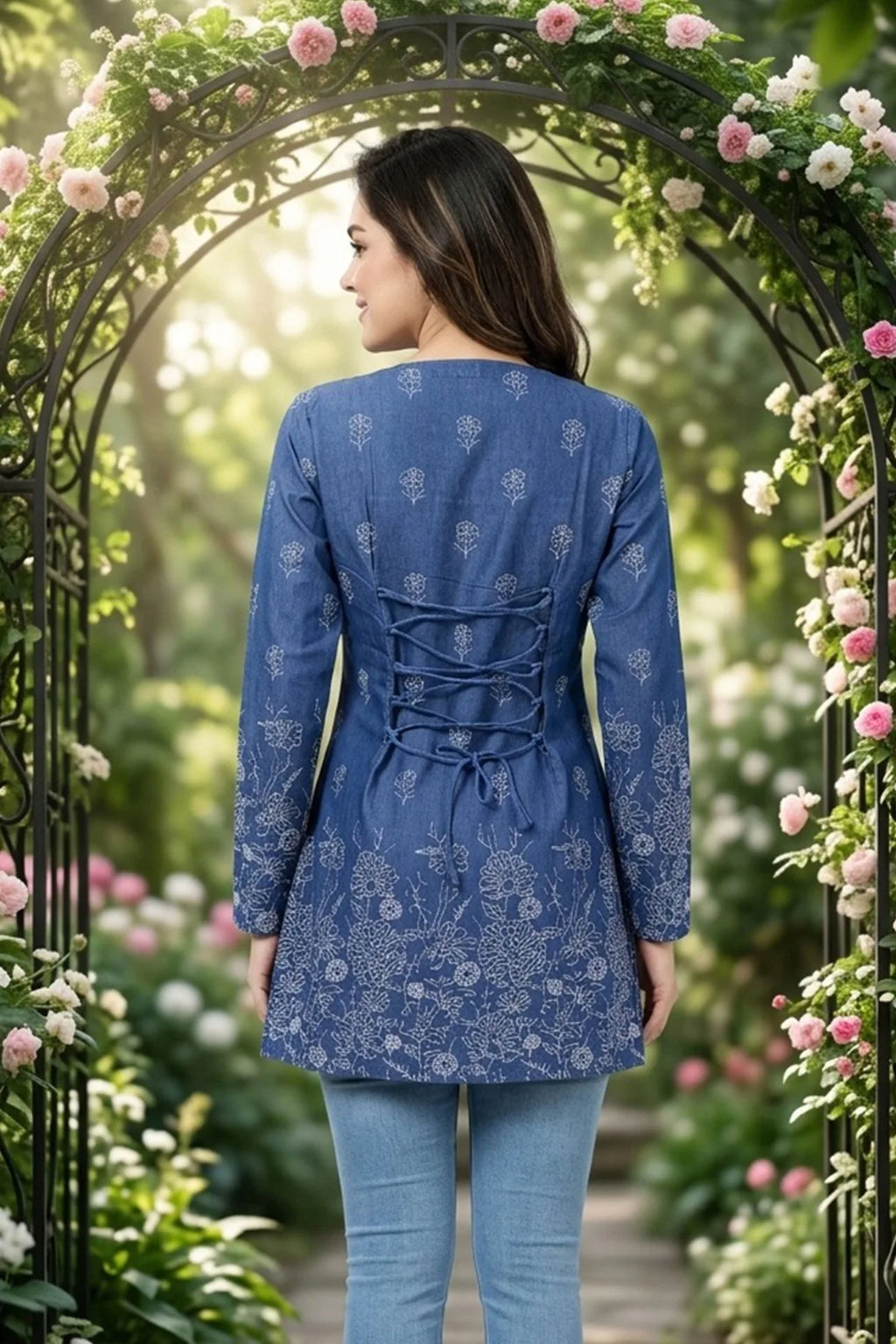 Indigo Blue Denim Short Kurti with Corset Back Tie Up