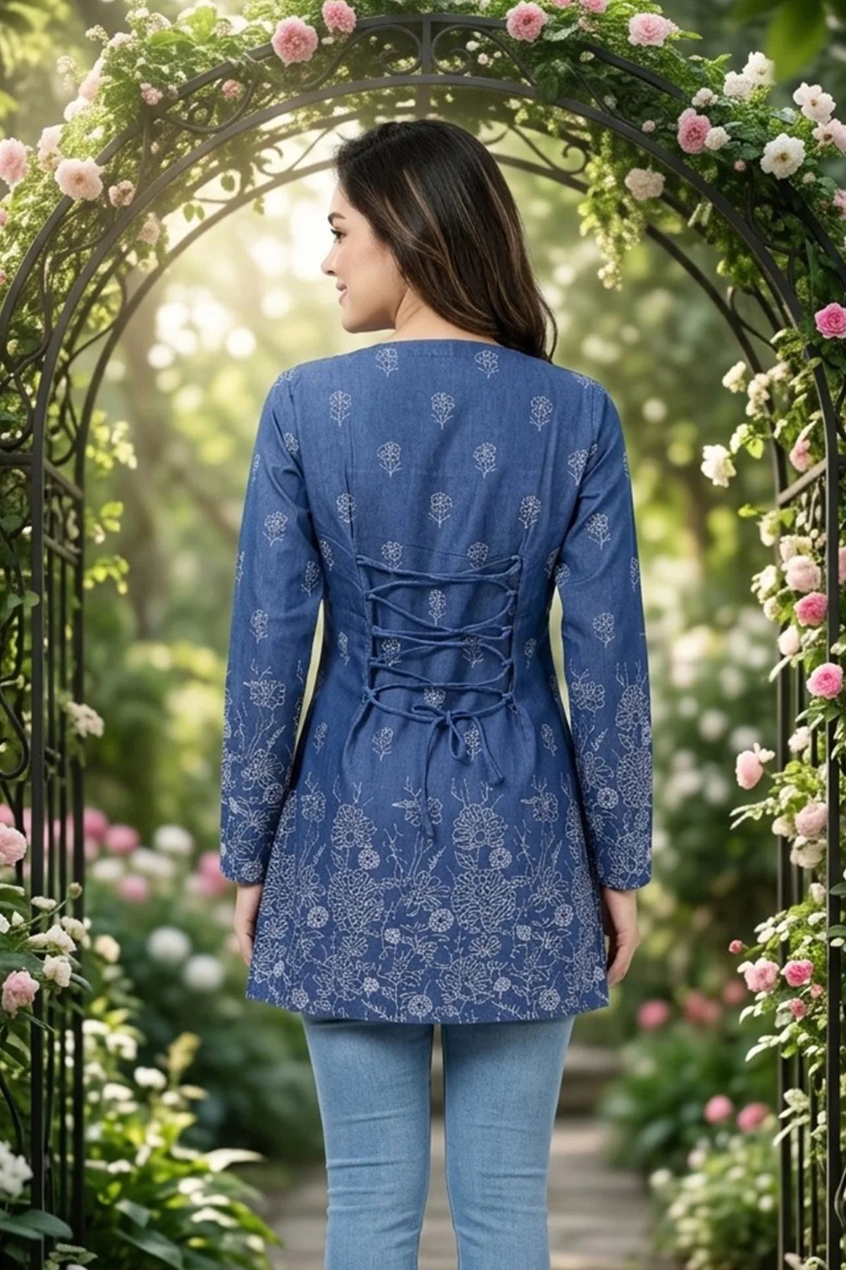 Indigo Blue Denim Short Kurti with Corset Back Tie Up
