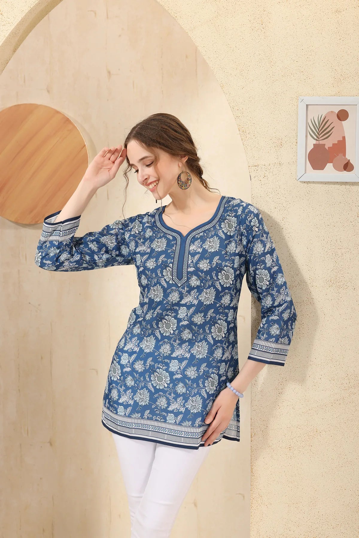 Indigo Blue Floral Print Cotton Short Kurti