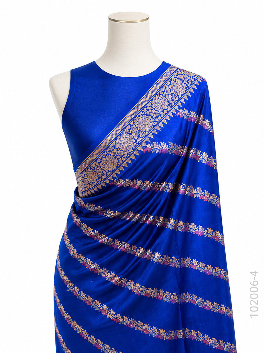 Katan Silk Zari Work Diagonal Stripe Banarasi Saree