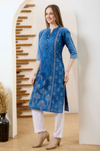 Blue Long Denim Kurta with Ethnic Print and Thread Work