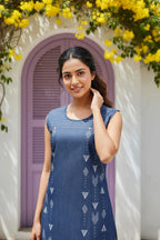 Denim Blue Dress with Geometrical Print and Embellishment