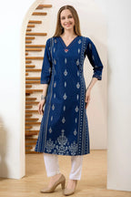Denim Blue V Neck Long Kurta with Ethnic Print