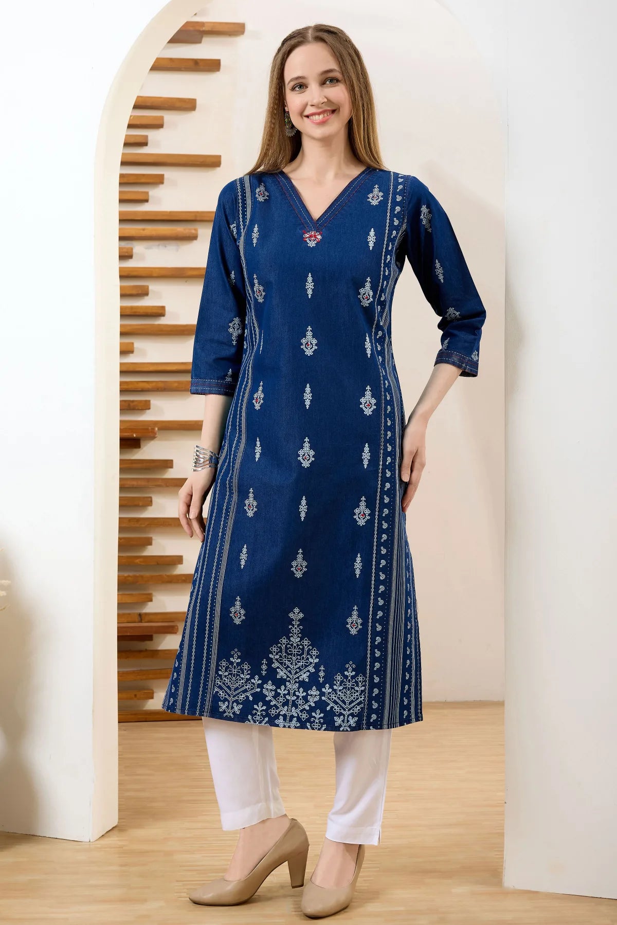 Denim Blue V Neck Long Kurta with Ethnic Print