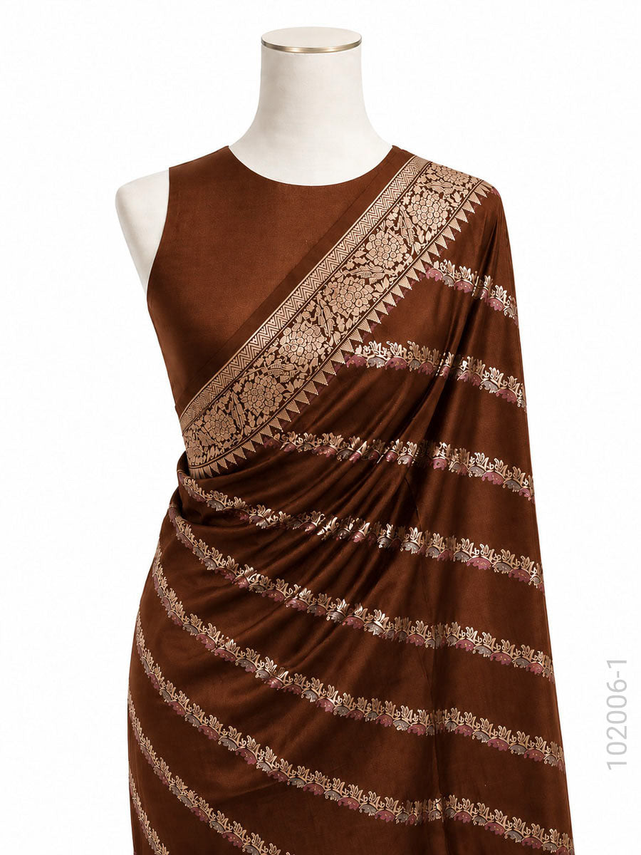 Katan Silk Zari Work Diagonal Stripe Banarasi Saree