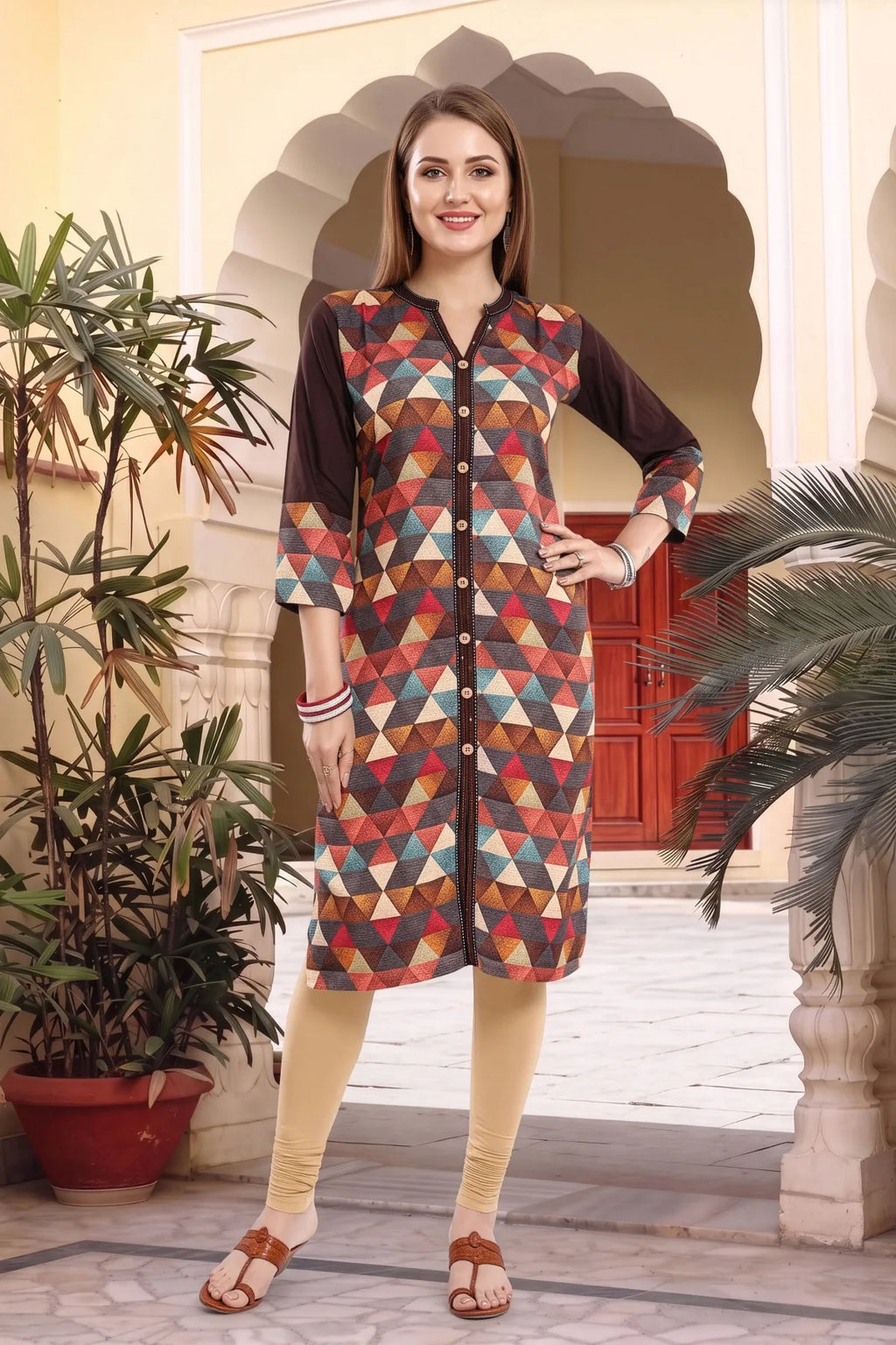Brown Rayon Geometric Print Ban Collar Long Kurta