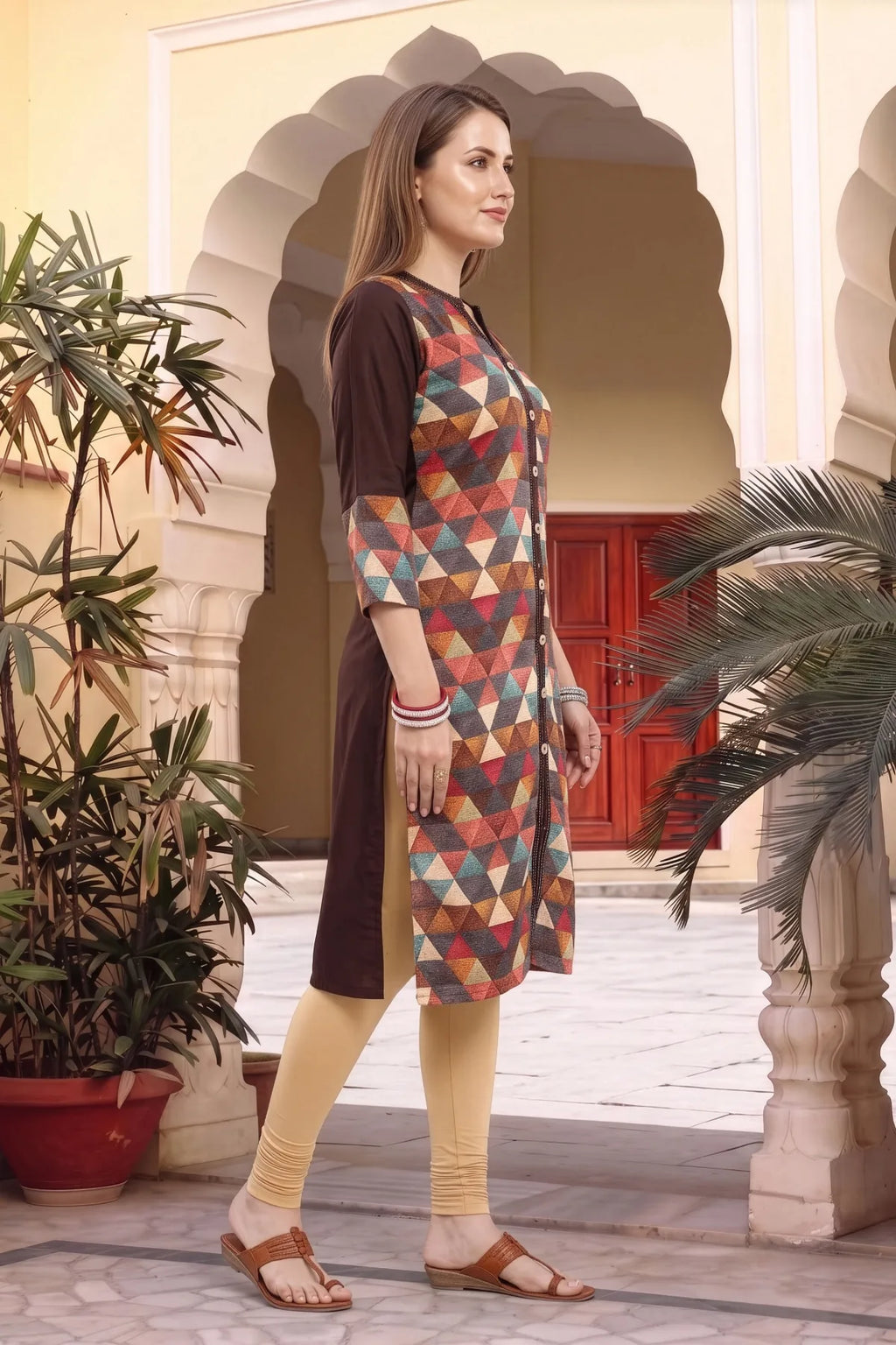Brown Rayon Geometric Print Ban Collar Long Kurta