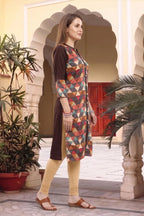 Brown Rayon Geometric Print Ban Collar Long Kurta