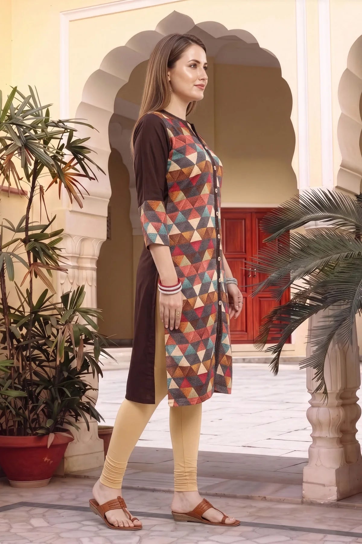 Brown Rayon Geometric Print Ban Collar Long Kurta