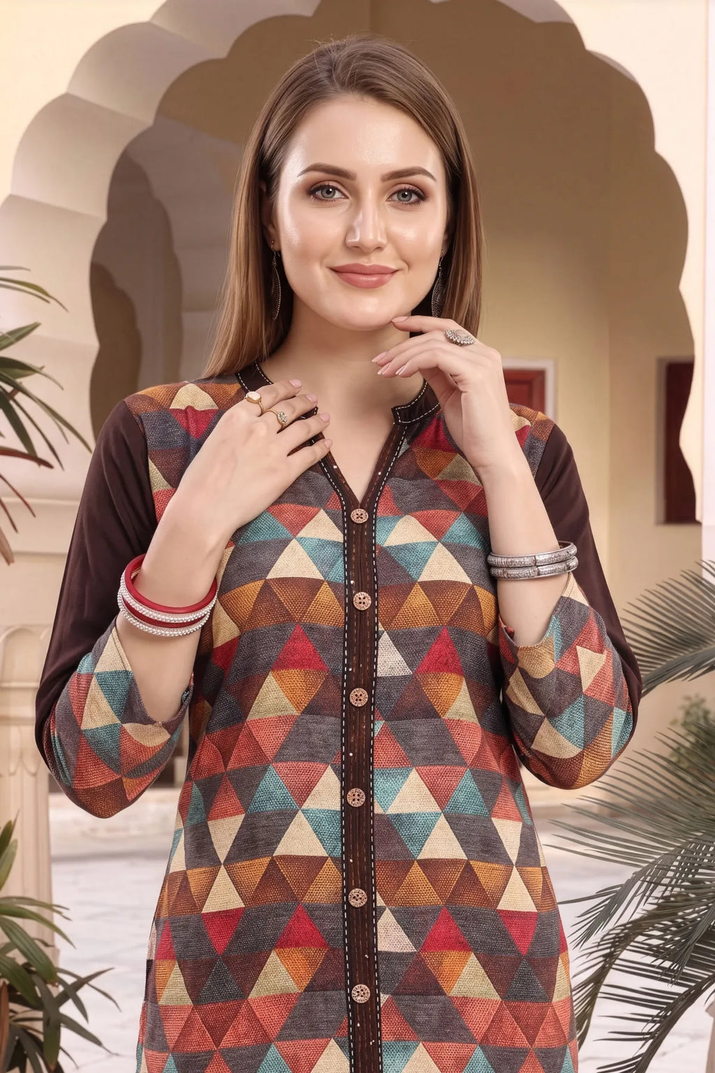 Brown Rayon Geometric Print Ban Collar Long Kurta
