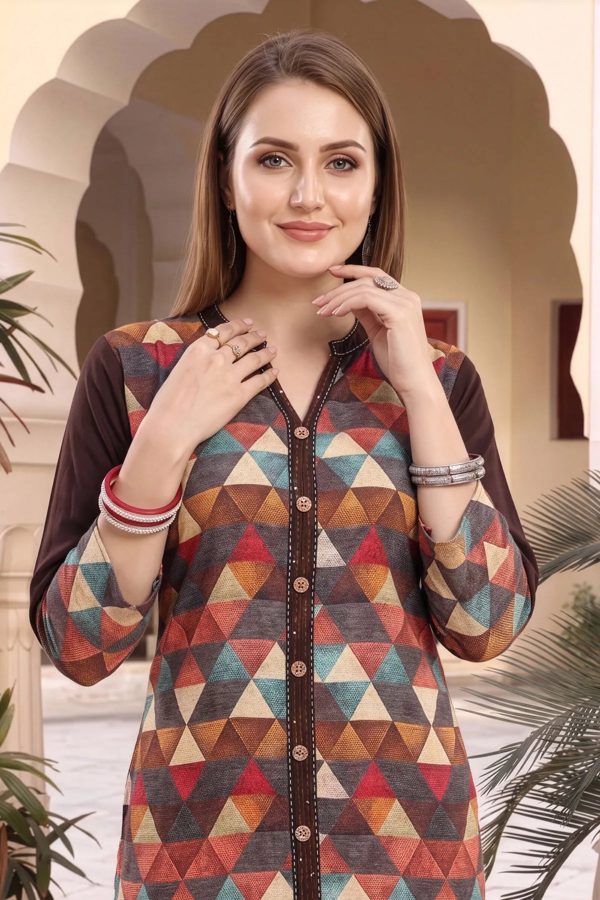 Brown Rayon Geometric Print Ban Collar Long Kurta