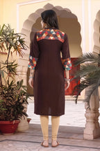 Brown Rayon Geometric Print Ban Collar Long Kurta