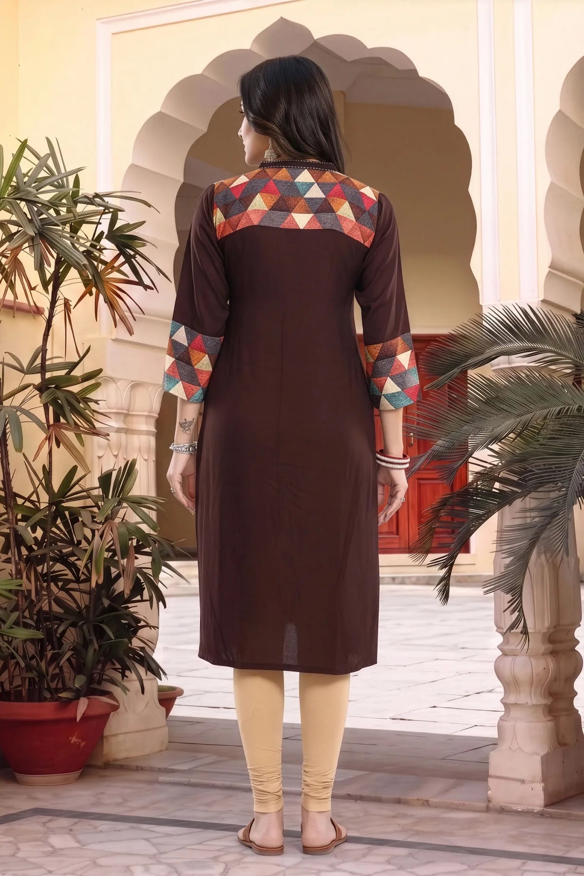 Brown Rayon Geometric Print Ban Collar Long Kurta
