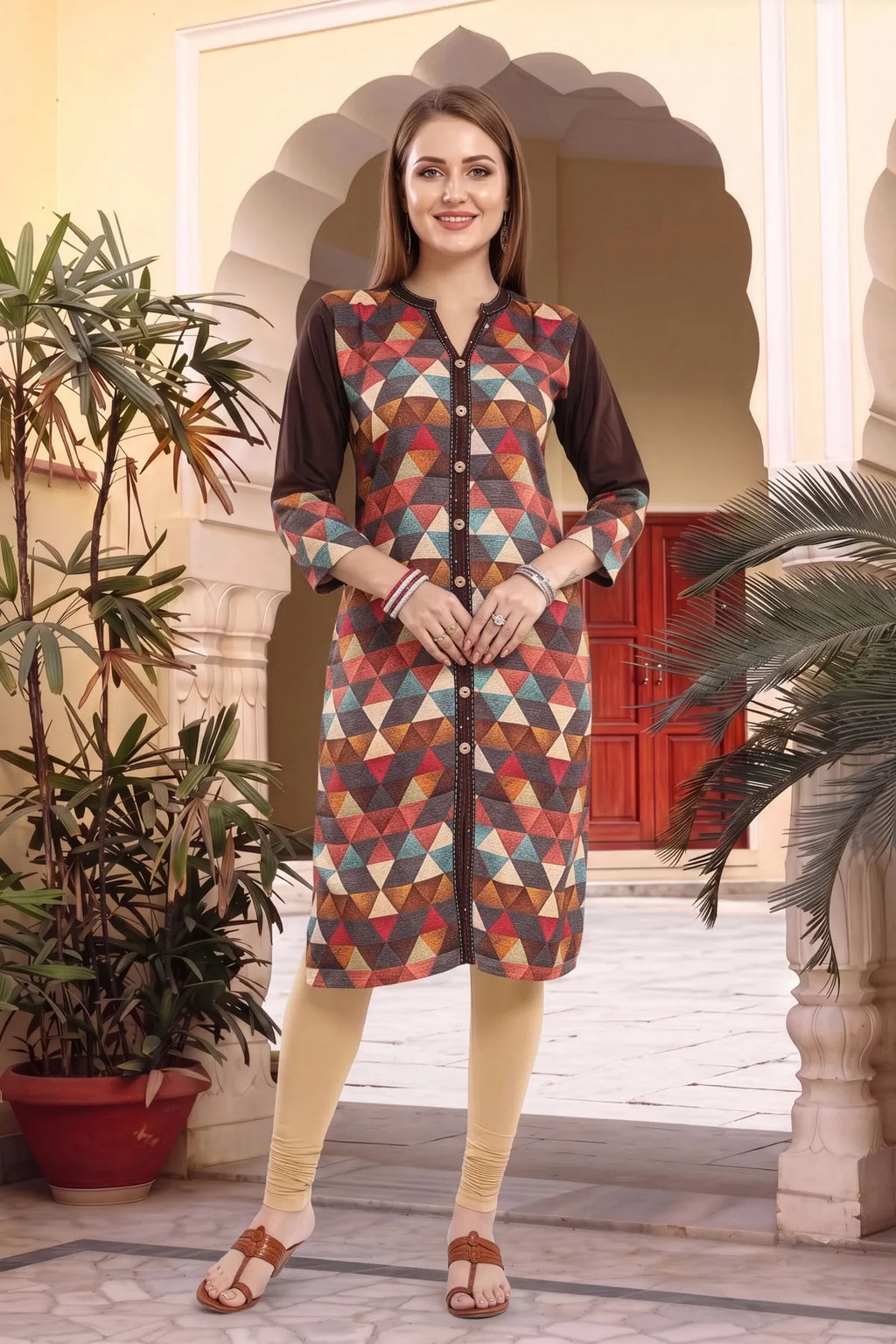 Brown Rayon Geometric Print Ban Collar Long Kurta