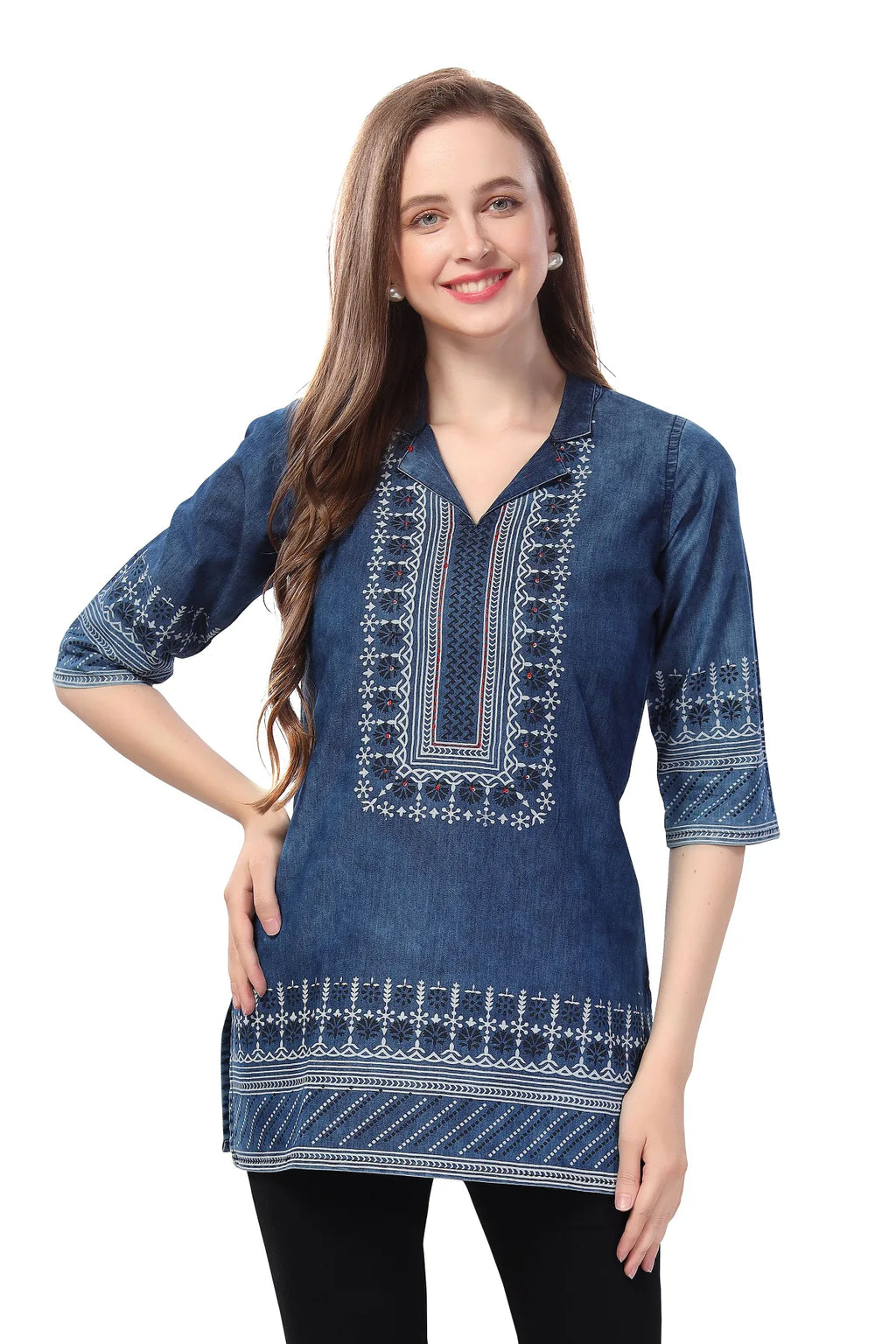 Denim Blue Tunic with Cloud Wash Print and Coat Collar Thread Work