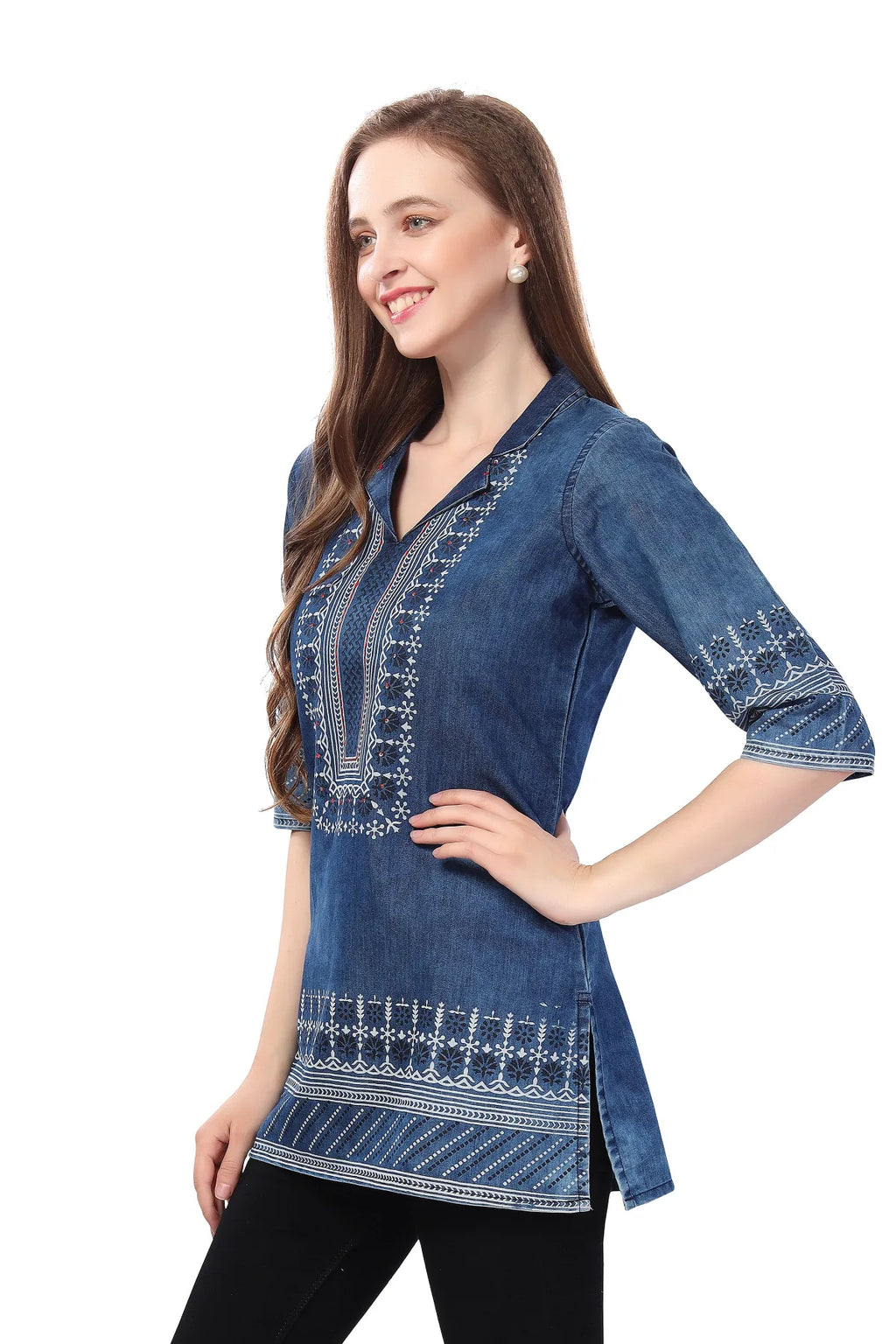 Denim Blue Tunic with Cloud Wash Print and Coat Collar Thread Work