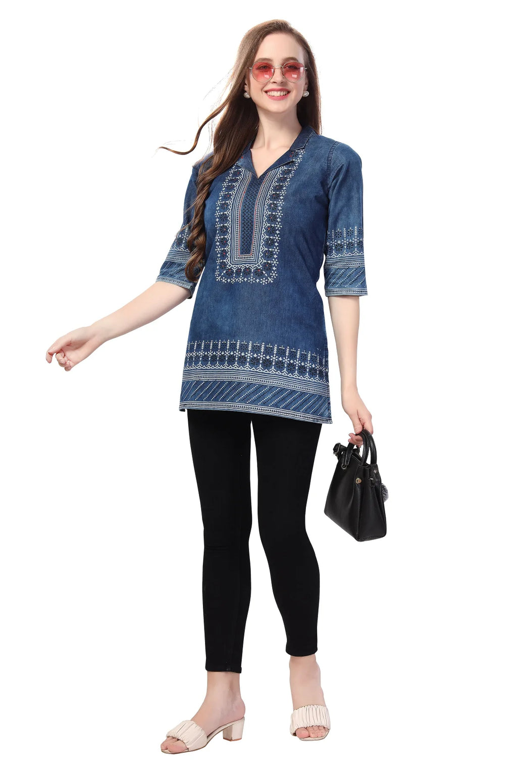Denim Blue Tunic with Cloud Wash Print and Coat Collar Thread Work