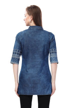 Denim Blue Tunic with Cloud Wash Print and Coat Collar Thread Work