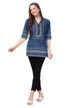 Denim Blue Tunic with Cloud Wash Print and Coat Collar Thread Work