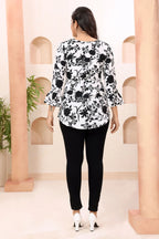 White Poly Crepe Tunic with Black Floral Print