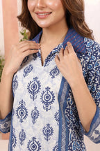 Indigo Blue Cotton Short Kurti with Shirt Collar and Thread Work