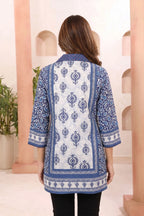 Indigo Blue Cotton Short Kurti with Shirt Collar and Thread Work