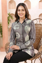 Olive Green Modal Silk Shirt Style Tunic with Abstract Print