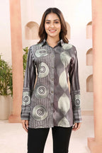 Olive Green Modal Silk Shirt Style Tunic with Abstract Print
