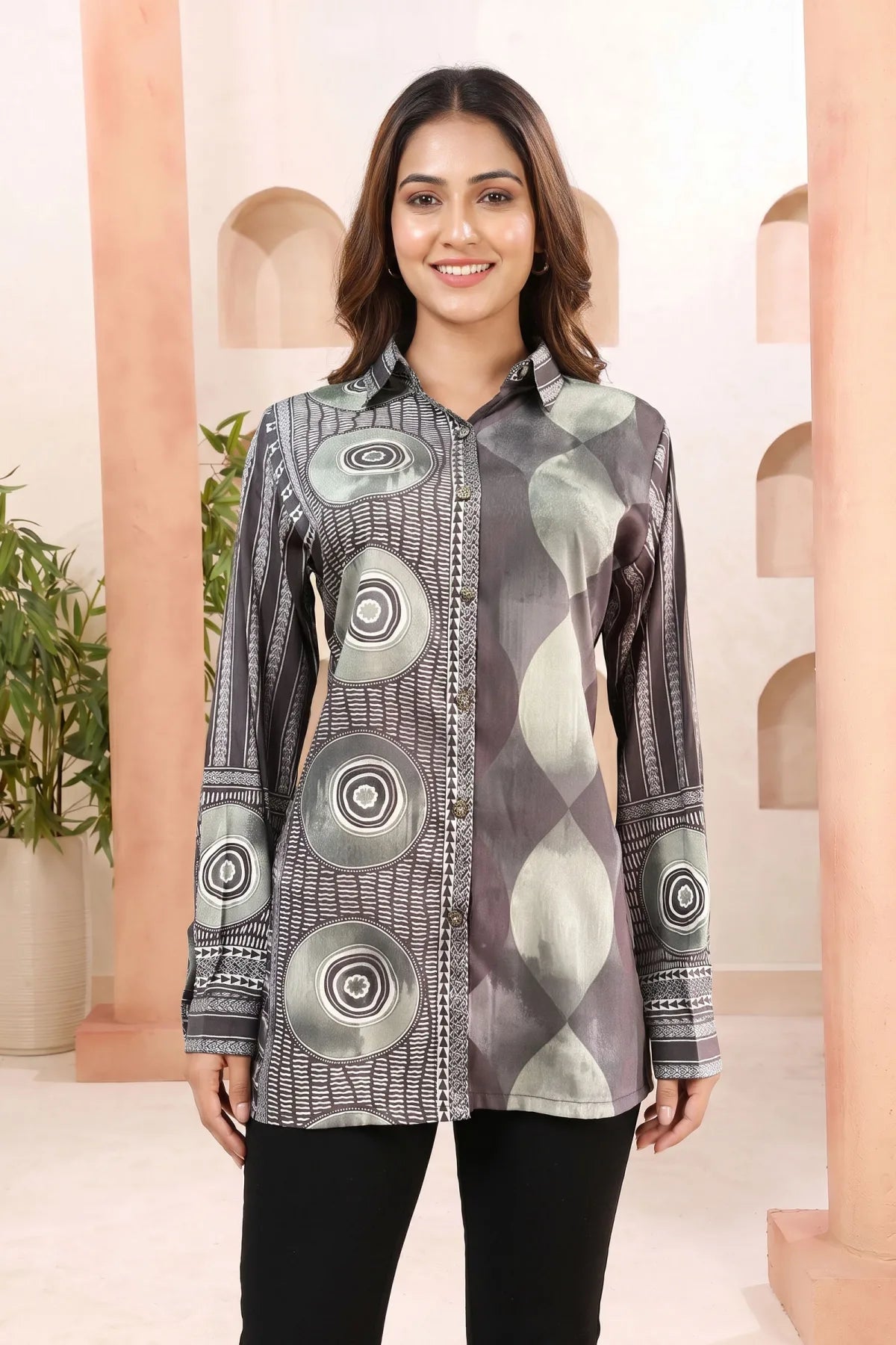 Olive Green Modal Silk Shirt Style Tunic with Abstract Print