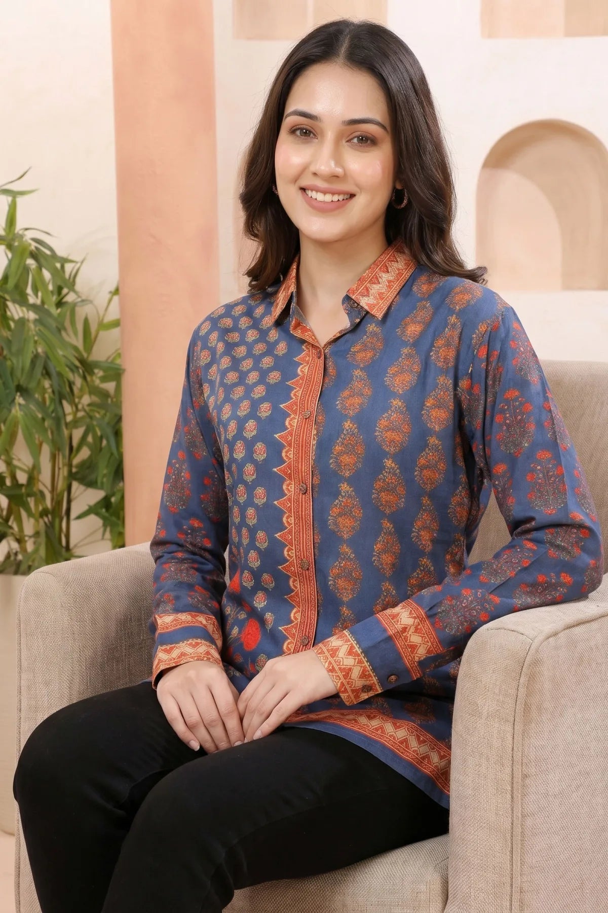 Ink Blue Modal Silk Printed Shirt Style Tunic