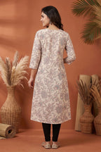 Cream Cotton Long Kurti with V Neck and Floral Print