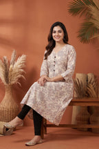 Cream Cotton Long Kurti with V Neck and Floral Print