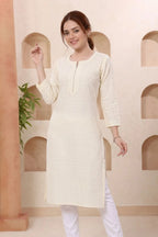 Cream Rayon Chikankari Straight Long Kurta for Women