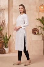 White Chikankari Long Kurti in Cotton
