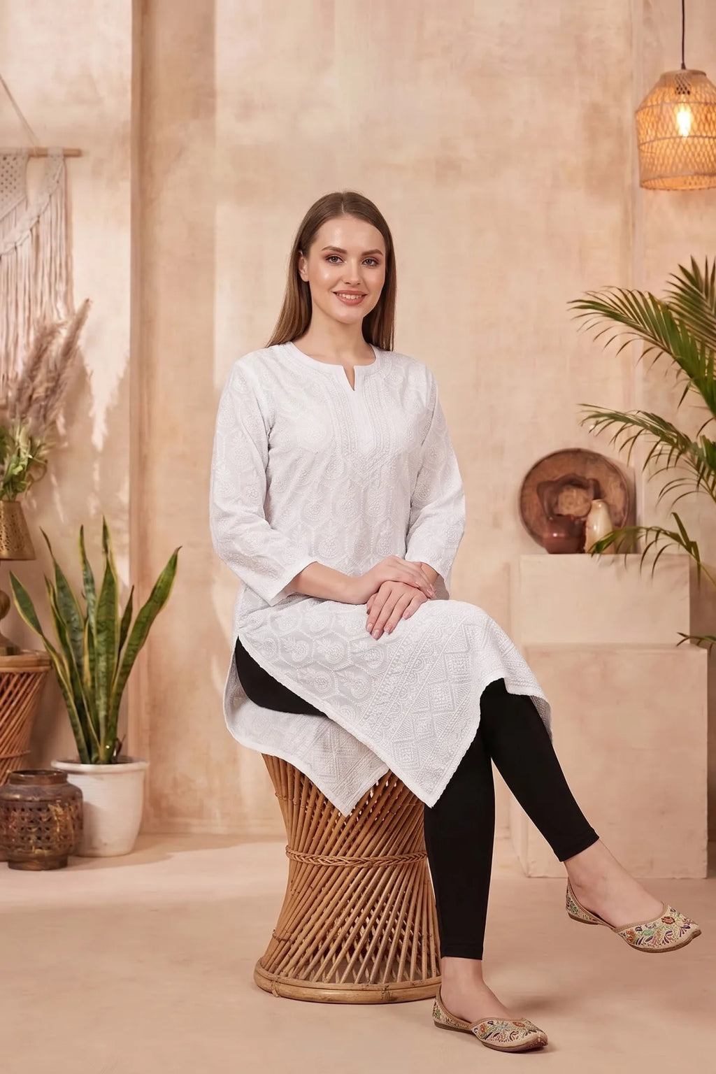White Chikankari Long Kurti in Cotton