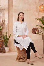 White Chikankari Long Kurti in Cotton