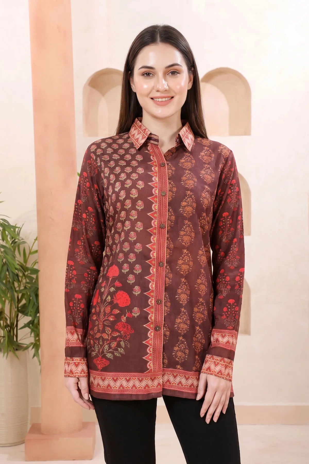 Brown Modal Silk Printed Shirt Style Tunic Top