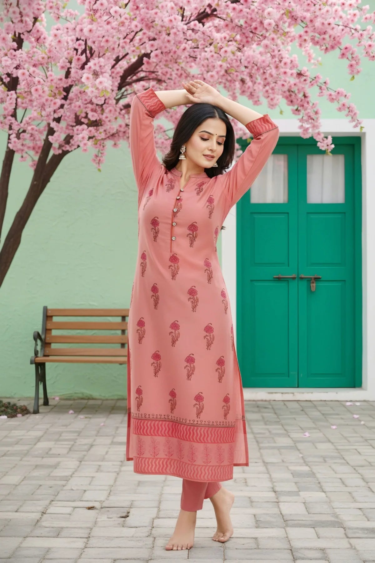 Coral Cotton Silk Block Print Long Kurta