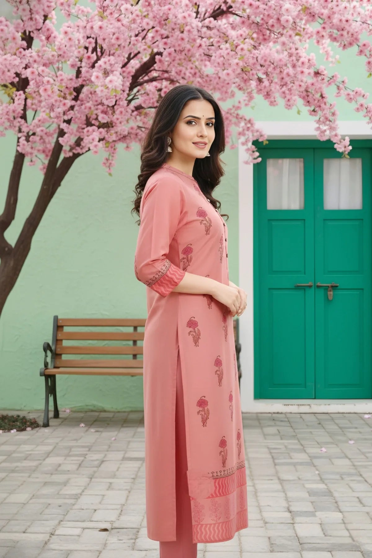 Coral Cotton Silk Block Print Long Kurta