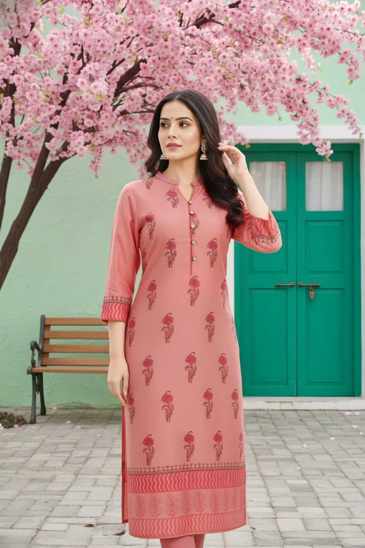 Coral Cotton Silk Block Print Long Kurta