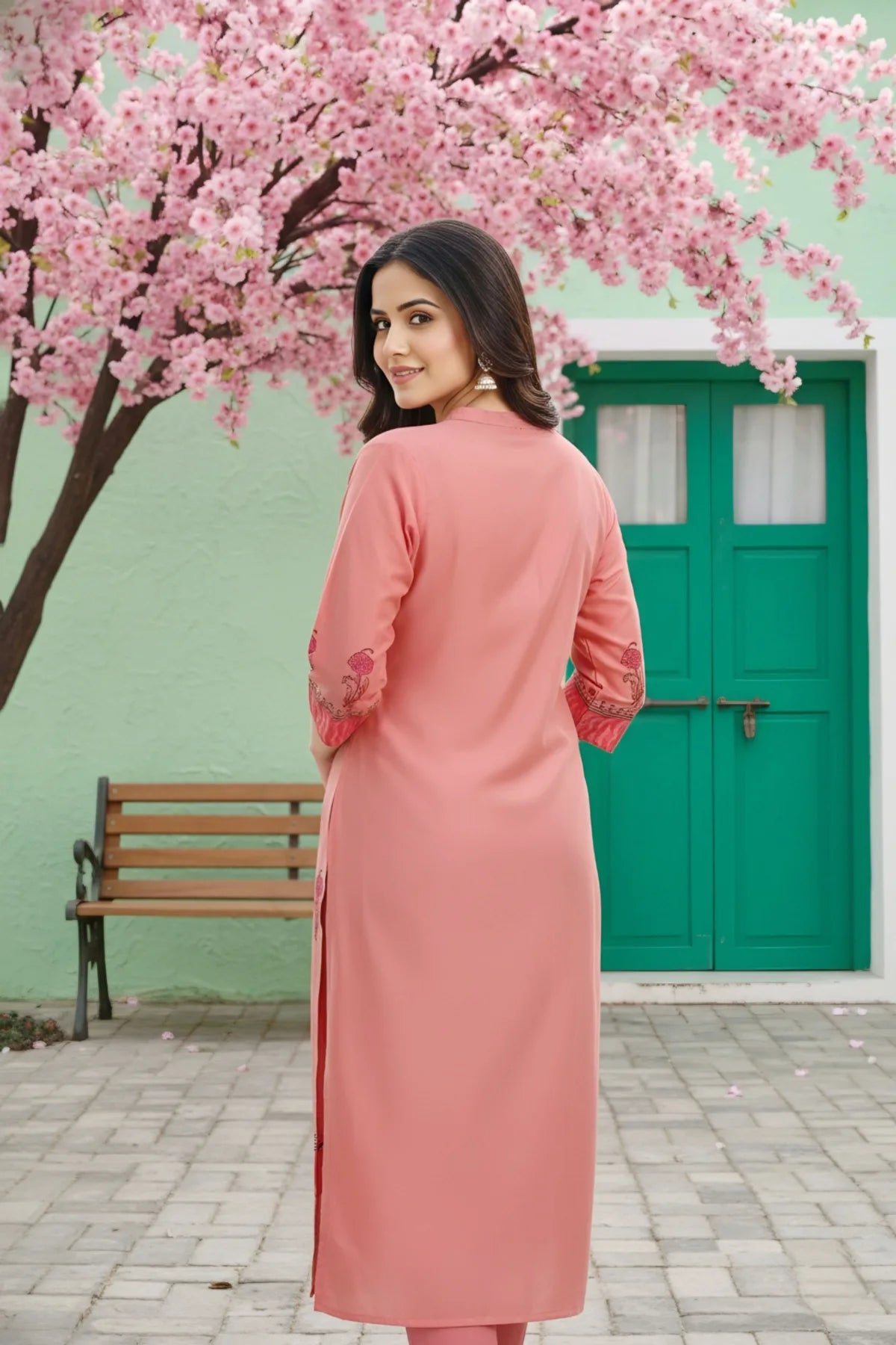 Coral Cotton Silk Block Print Long Kurta
