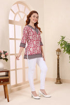 Coral Cotton V Neck Short Kurti Tunic Top for Women