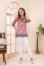 Coral Cotton V Neck Short Kurti Tunic Top for Women