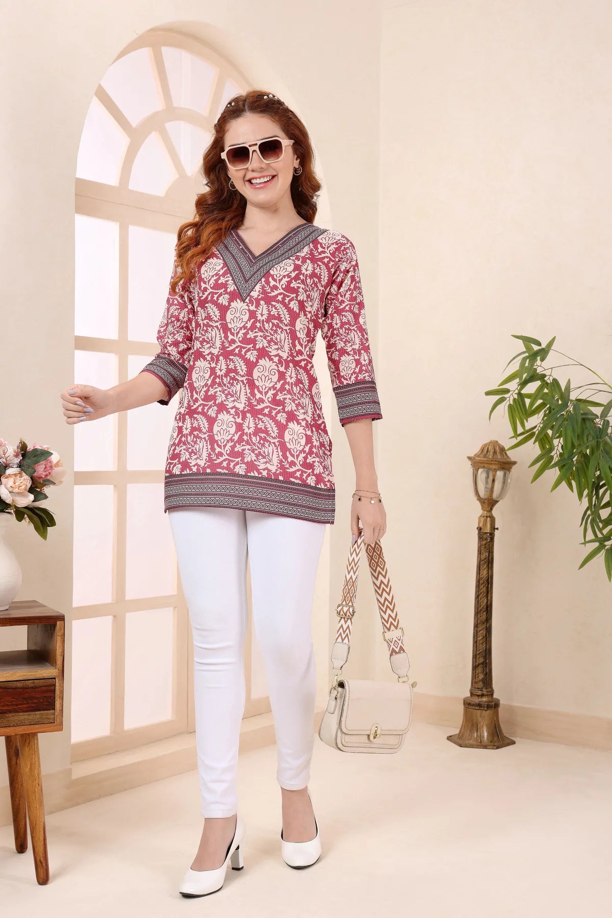 Coral Cotton V Neck Short Kurti Tunic Top for Women