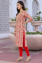Cream Printed Long Kurti with Gota Lace Detail