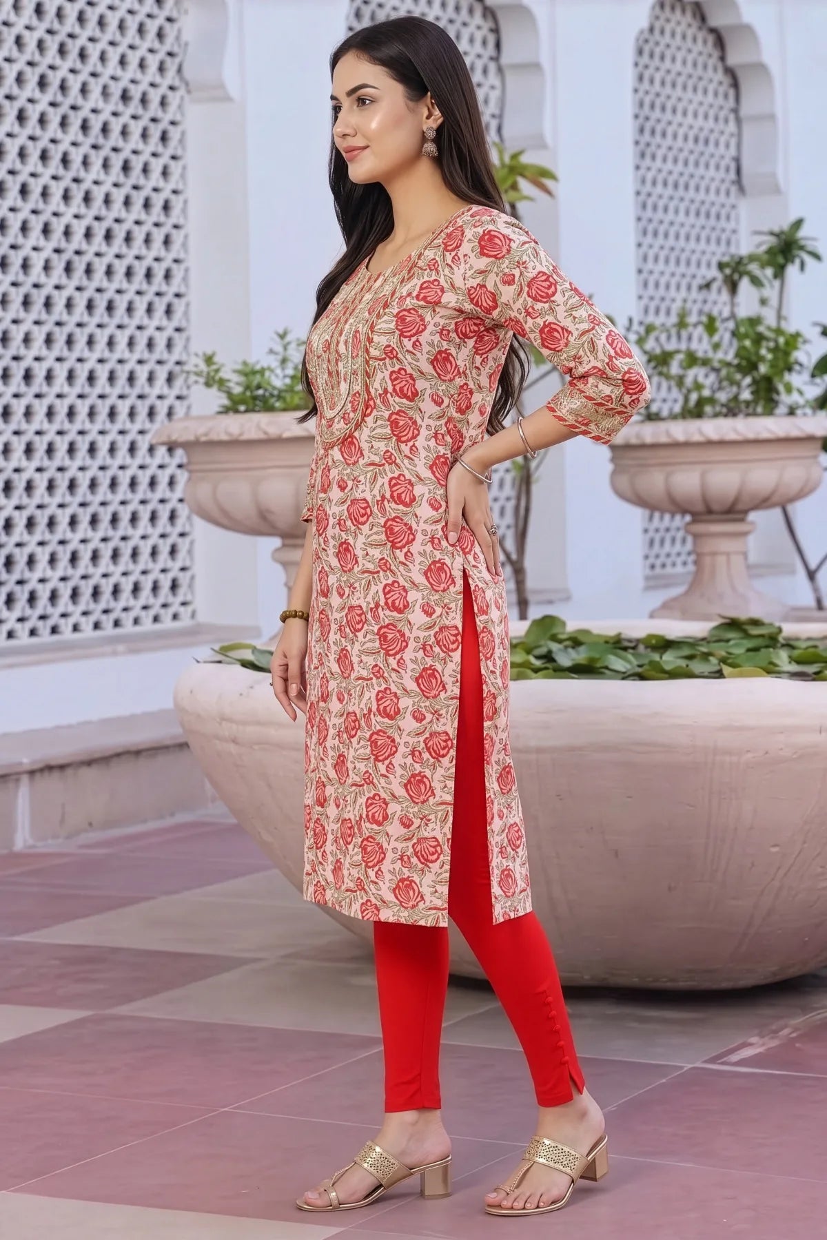 Cream Printed Long Kurti with Gota Lace Detail
