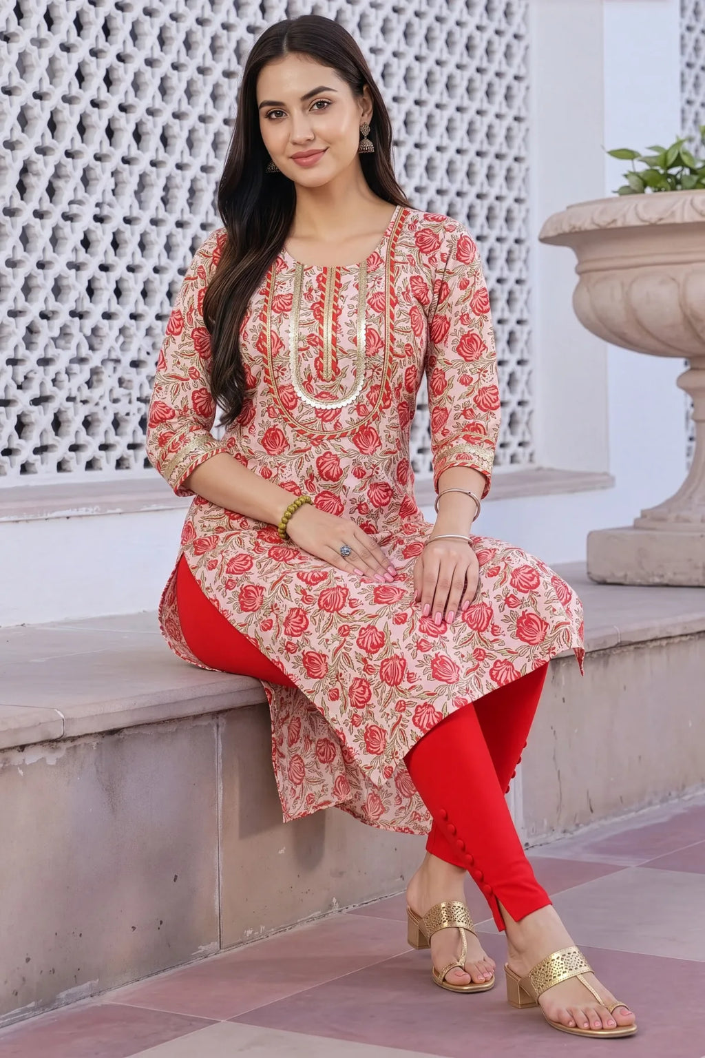 Cream Printed Long Kurti with Gota Lace Detail