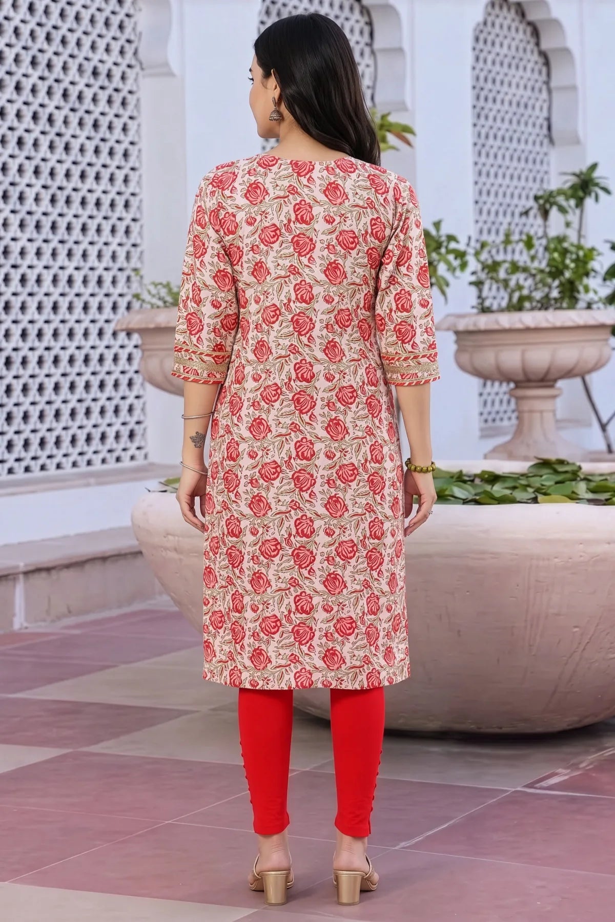 Cream Printed Long Kurti with Gota Lace Detail