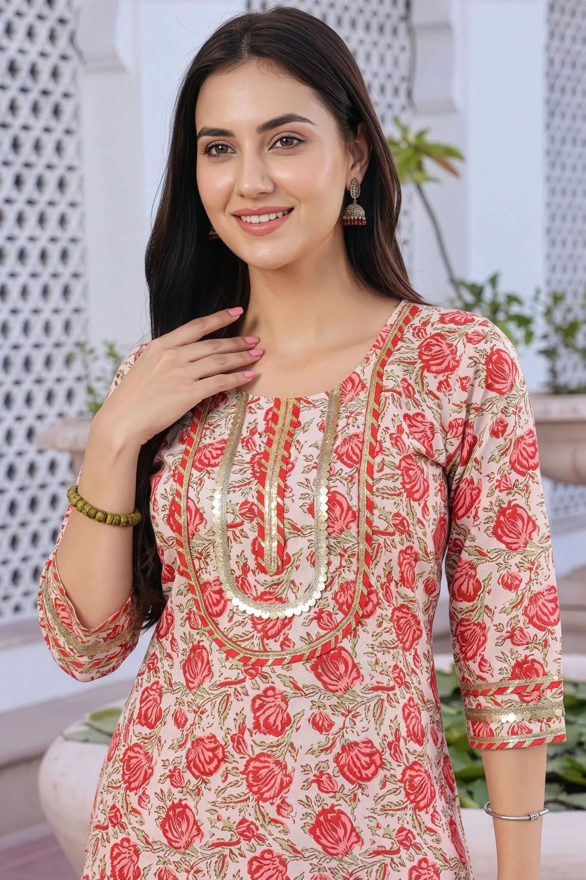 Cream Printed Long Kurti with Gota Lace Detail